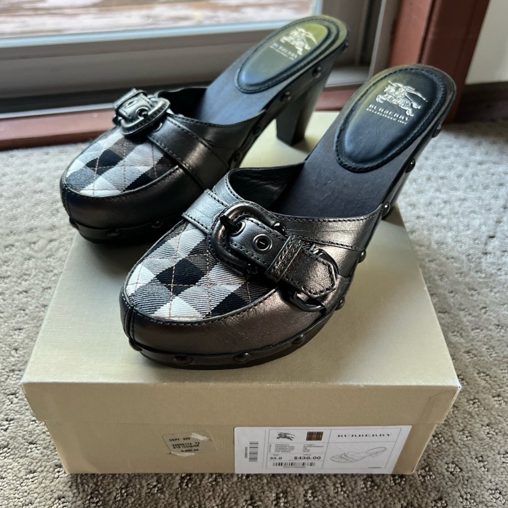 Burberry Black and Gray Checkered Mules